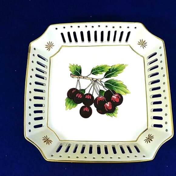 Hand Painted Ceramic Plates Pears Cherries Motif Square Lattice Design 2-Pc Set - Picture 7 of 9